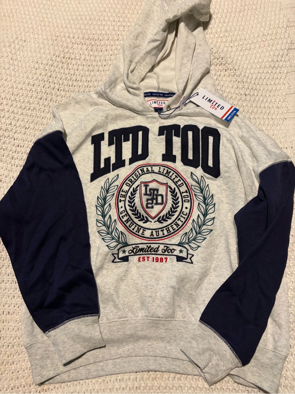 Limited Too Light Gray & Navy Pullover Hoodie with Crest